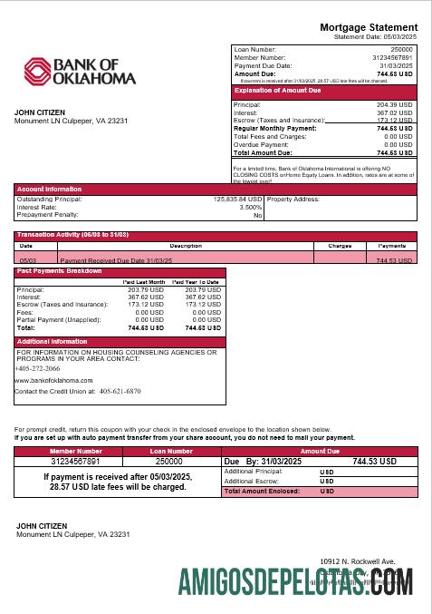 Extrato de hipoteca do USA Bank Of Oklahoma em formatos Word e PDF exemplo